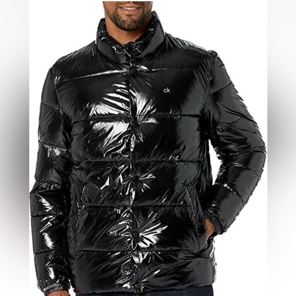 Calvin Klein men’s Shiny Black Puffer Coat with zipper and - size medium - Picture 2 of 10